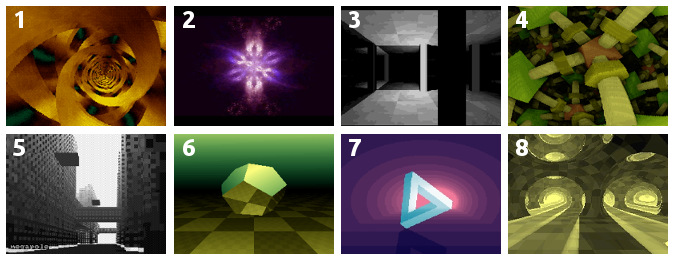 1. Tube by 3SC (2001) http://www.youtube.com/watch?v=f1joQfp78Yo2. Symetrie by Řrřola (2007) http://www.youtube.com/watch?v=2OhRjQy6f3I3. Searchlight by wamma (2007) http://www.youtube.com/watch?v=RjEZmRJ8Q7I4. Puls by Řrřola (2009) https://www.youtube.com/watch?v=R35UuntQQF85. Megapole by Red Sector Inc. (2015) https://www.youtube.com/watch?v=Z8Av7Sc7yGY6. Pyrit by Řrřol (2018) http://www.youtube.com/watch?v=eYNoaVERfR47. Seeing the light at the end of the tunnel by Abaddon (2019) https://youtu.be/LPJl1C8Gr8k8. Lightcrypt by Alcatraz (2021) https://youtu.be/OCeXxO0H0Nw