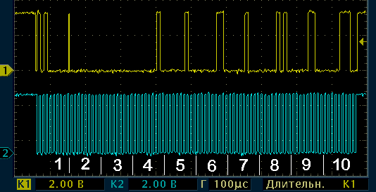 Рисунок 8. Запись 8 байт в микросхему eeprom начиная с адреса 0