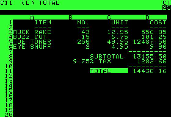 Интерфейс VisiCalc — программы, появившейся за шесть лет до релиза первой версии Excel в 1985 году