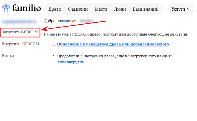 Familio.org=> Услуги=> Перенести древо из другого сервиса=> Загрузить GEDCOM