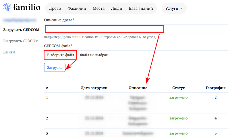 заполняем Описание древа, выбираем Gedcom-файл и нажимаем кнопку "Загрузка"