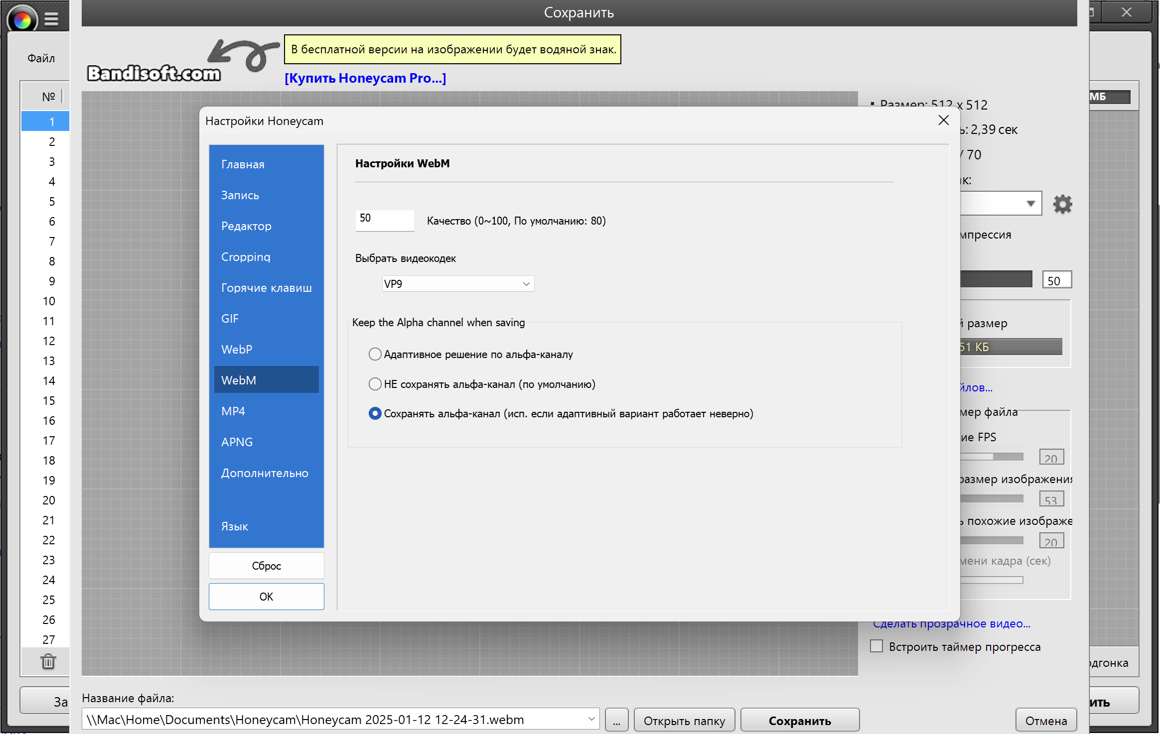 Выбираем кодек VP9 и сохранить альфа-канал