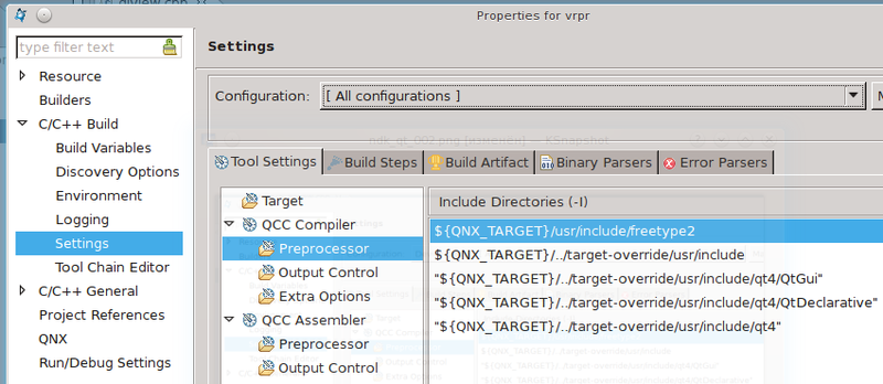 BlackBerry Native SDK: Пути к заголовочным файлам Qt