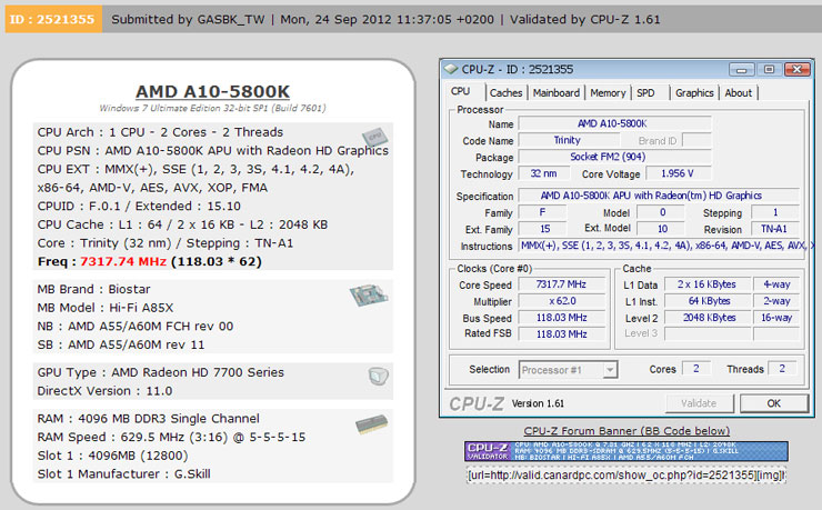 APU A10-5800K удалось разогнать до 7,3 ГГц