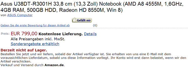 ASUS U38DT в каталоге Amazon.de