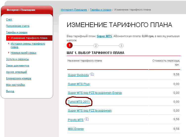 Смена тарифного плана мтс