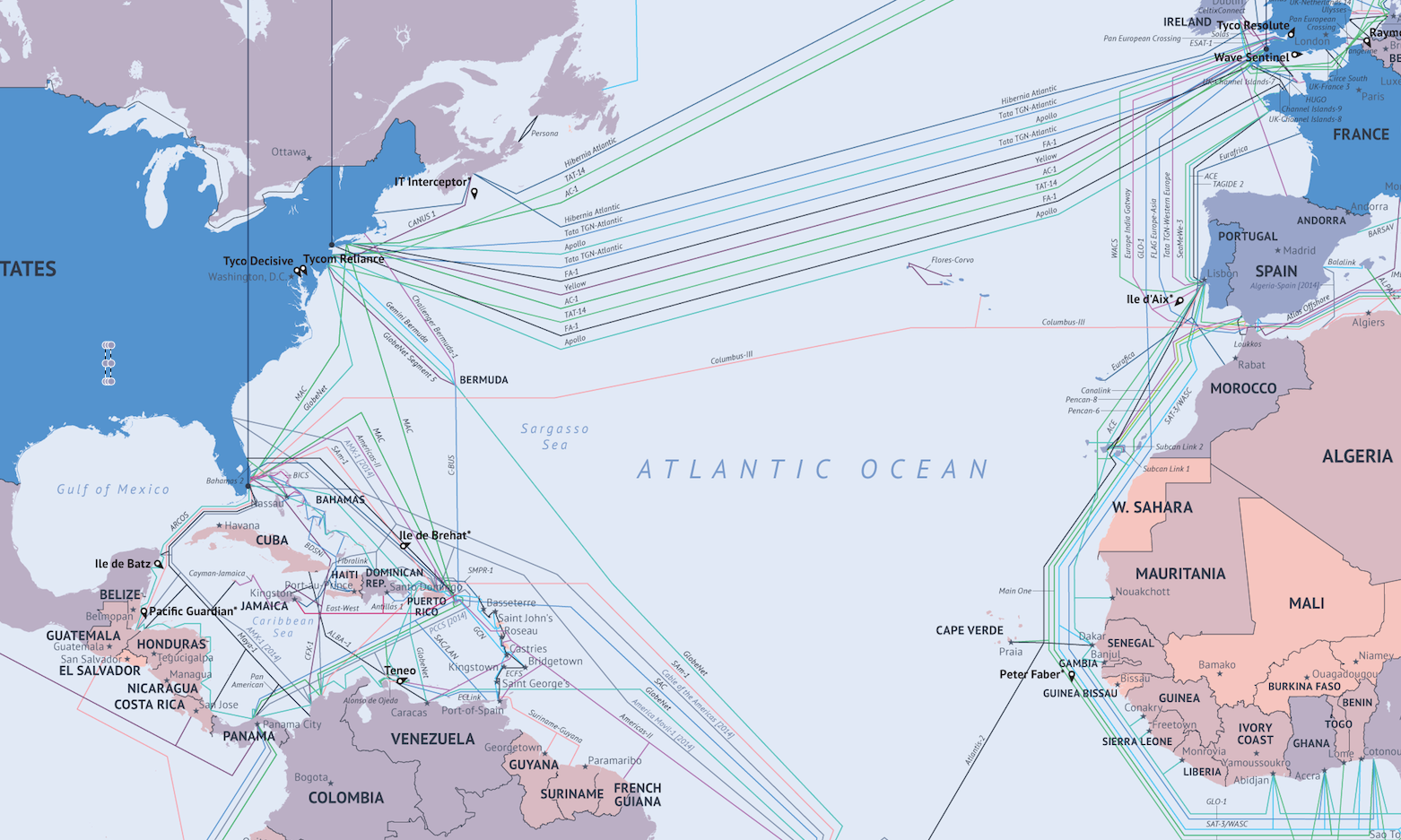 Карта кабелей интернета по океанам
