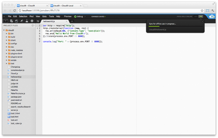 Обновление Cloud9 IDE — автодополнение, совместное редактирование, оффлайн режим и виртуальный сервер с консолью