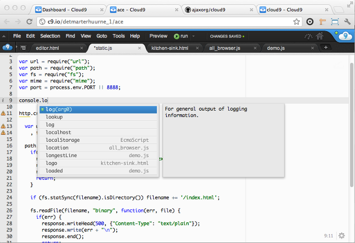 Обновление Cloud9 IDE — автодополнение, совместное редактирование, оффлайн режим и виртуальный сервер с консолью