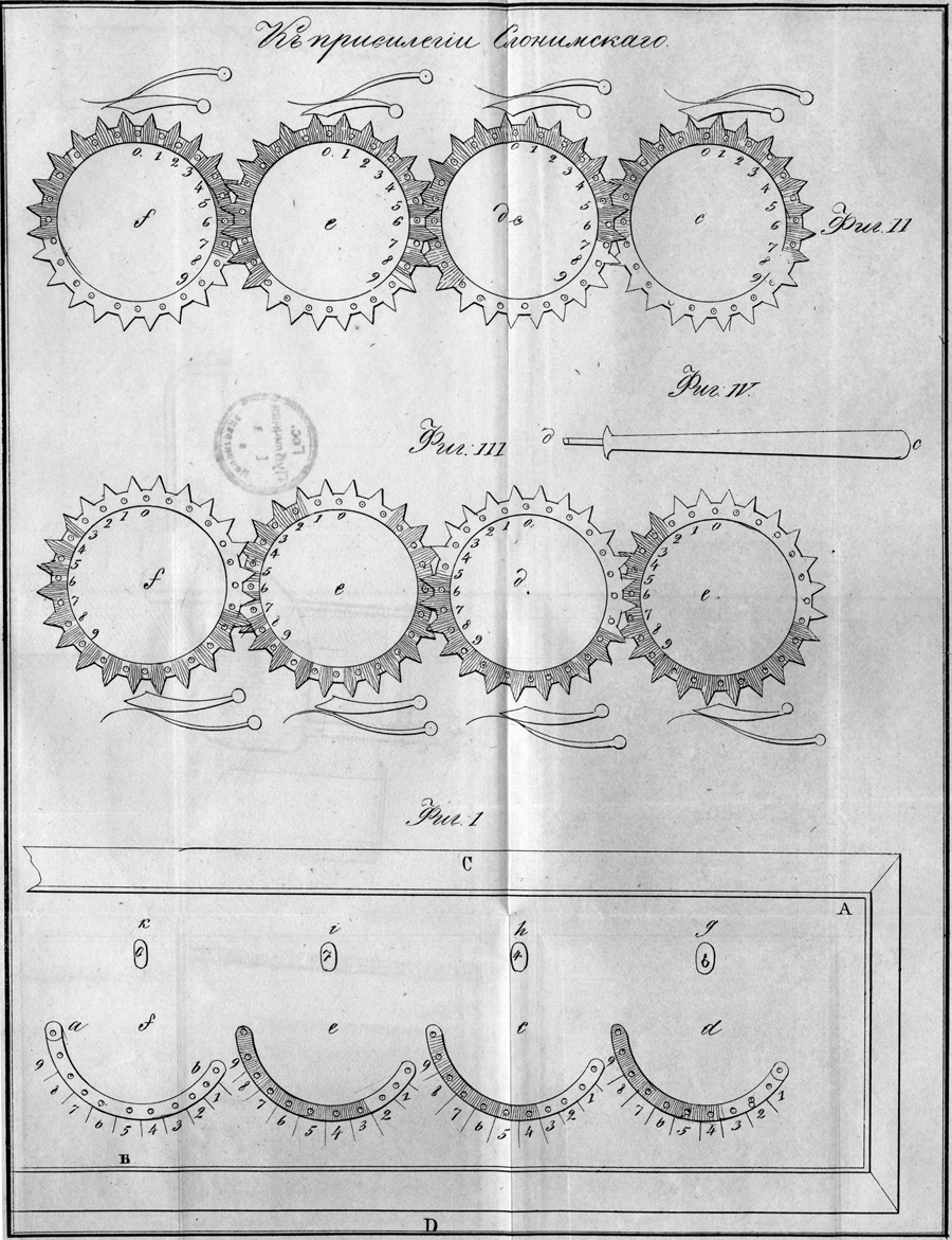 Привилегия на арифметическую машину, выданная почетному гражданину Зелику  Слонимскому 24 ноября 1845 года на 10 лет