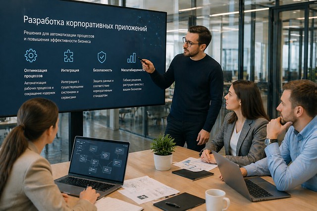 Команда разработчиков обсуждает архитектуру корпоративного приложения